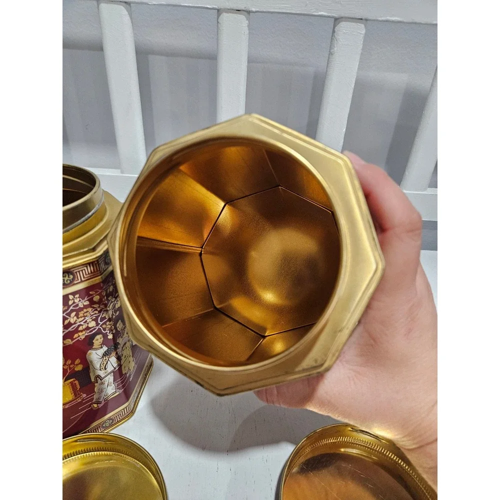 Vtg 1960s Chinoiserie Octagonal Tea Tin Set, Oriental Style Made in England